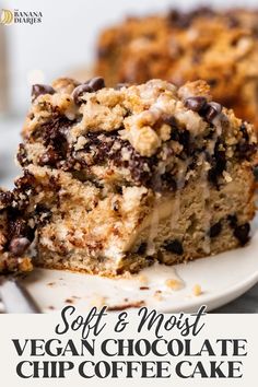 soft and moist vegan chocolate chip coffee cake on a white plate with the title