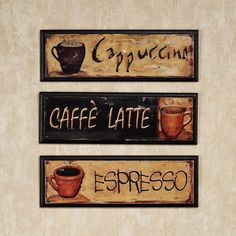 three signs with coffee and espresso on them