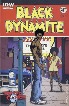 the cover to black dynamite, featuring a man standing in front of a street sign