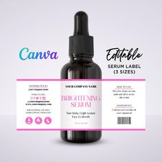 a bottle of brightening serum on a white background with pink border around the label