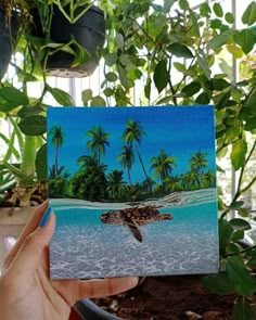 a hand holding up a small card with a painting of a turtle on the beach