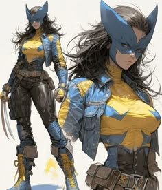 two women dressed as wolverine and batgirl standing next to each other in front of a white background