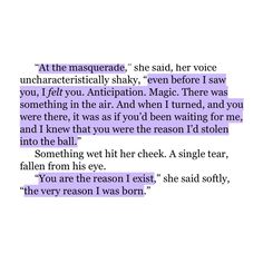 the text is written in purple and black on a piece of paper that reads, at the masquerades, she said her voice