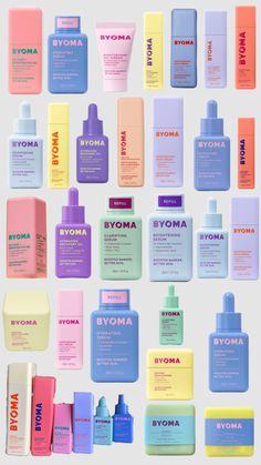 many different types of skin care products are arranged in rows on a white background,