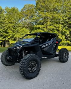 a black can - am rzr is parked in front of some trees