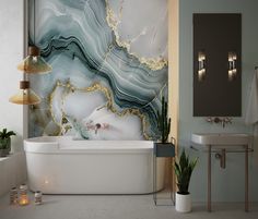 a bath room with a tub a sink and a mirror on the wall in it