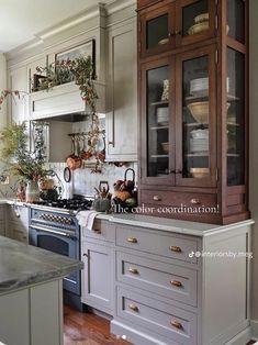 a kitchen with gray cabinets and wooden floors