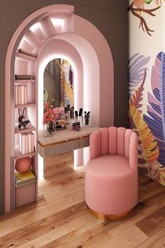 a pink chair sitting in front of a mirror on top of a wooden floor next to a wall