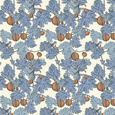 an orange and blue pattern with acorns, leaves and berries on a white background