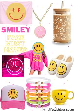 Smiley face trends | smiley hat | smiley led sign | smiley face coffee mugs | smiley face clay bead bracelets | smiley slippers | smiley blanket Smiley Face Sleepover, Smiley Bday Theme, Smiley Face Favors, Happy Face Birthday Party Ideas, Preppy Smiley Face Birthday Party, Smiley Blanket, Smiley Birthday Party, Happy Face Birthday Party, Happy Birthday Smiley