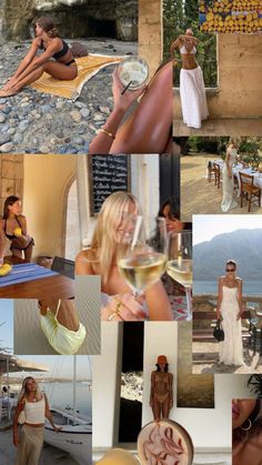 a collage of photos with women in bikinis, wine glasses and other items