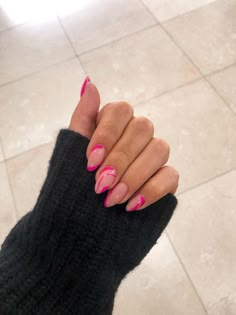 Simple Nails Almond Pink, Cute Nails Acrylic Almond Pink, Cute Almond Nails Design Pink, Hot Pink Oval Nails Designs, Almond Pink Nail Designs, Simple Pink Nail Designs Almond, Pink Prom Nails Almond, Hot Pink Oval Acrylic Nails, Hot Pink Nail Designs Almond Shape