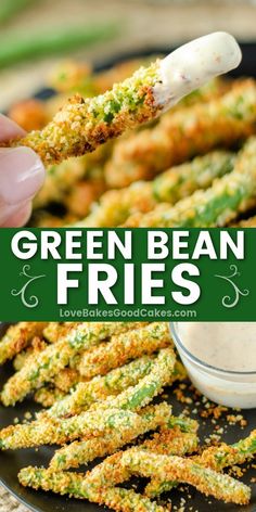 green bean fries on a black plate with dipping sauce in the middle and text overlay that reads, green bean fries