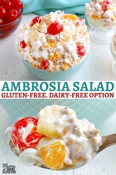 An easy recipe for Ambrosia Salad. A creamy dessert fruit salad made with tropical fruit. This Ambrosia fruit salad recipe is naturally gluten-free and has a dairy-free option. Salad Dairy Free, Creamy Fruit Salad, Dairy Free Salads, Creamy Fruit Salads, Sugar Free Fruits, Gluten Free Easter, Ambrosia Salad