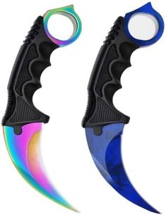 two multicolored knives with black handles