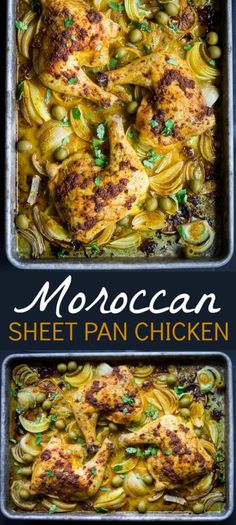 two pans filled with chicken, pasta and green beans on top of each other