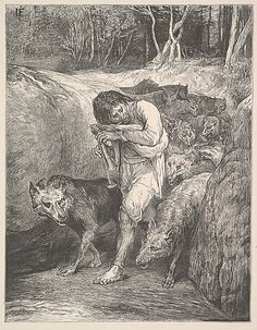 an old illustration of a man hugging a dog