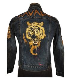 Hand-painted denim jacket with a Bengal tiger motif on back and sleeve in gold n bronze metallic colors,sleeves and back also have cool hand-painted words written in a crazy font Crazy Fonts, Band Patches, Gold N, Bengal Tiger