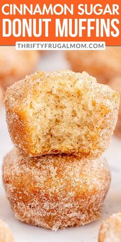 cinnamon sugar donut muffins stacked on top of each other with text overlay