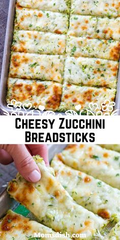 cheesy zucchini bread sticks in a pan