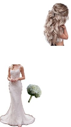 a woman in a wedding dress next to a flower and an image of her hair