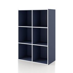 a blue and white shelf unit with four shelves on each side, one is empty