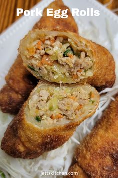 pork egg rolls on a plate with rice