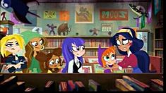 cartoon characters are standing in front of a bookshelf