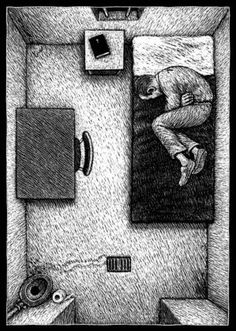 a black and white drawing of a person sleeping on a bed in a small room