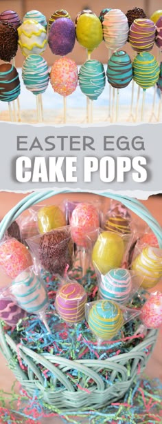 an easter egg cake pops in a basket