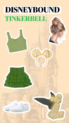 the disney bound tinkerbell collection is shown in green and white with pictures of princesses