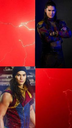 four different images of the same person in front of red and blue background with lightning