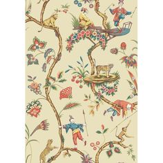 a wallpaper with animals and flowers on it's side, in beige tones