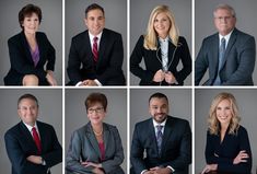 six business people in suits and ties posing for pictures