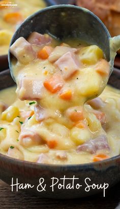 ham and potato soup in a bowl with a spoon