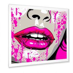 a painting of a woman's lips with pink paint splatters on it