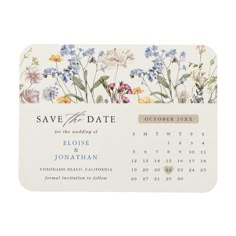 save the date calendar magnet with wildflowers and bluebells on white background