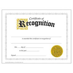 a certificate for recognition with a gold medallion on the front and black border around it