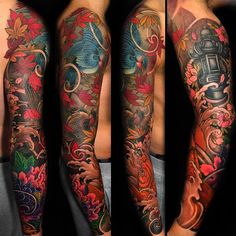 the full sleeve is covered in many different colors and designs, including flowers and birds