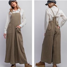 Cotton Boho Wide Leg Overalls Faded Olive Front And Back Pockets Square Neck Wide Leg Soft Textured Washed Cotton 100% Cotton Back Tie Adjustable Strap Relaxed Fit Brand New With Tags Direct From Easel Easel Is Sold At Anthropologie And Is Similar In Style And Quality To Free People. Small Waist Measures 16" Across Medium Waist Measures 17" Across Large Waist Measures 18" Across Inseam Is 27" Khaki Cotton Jumpsuits And Rompers For Fall, Beige Cotton Jumpsuits And Rompers For Fall, Bohemian Jumpsuits And Rompers For Fall, Khaki Overalls For Fall, Khaki Fall Overalls, Fall Season Khaki Overalls, Beige Overall Jumpsuit For Fall, Patchwork Overalls, Wide Leg Overalls