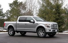 a silver truck is parked in front of some trees