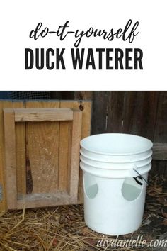 a white bucket sitting on top of hay next to a wooden box with the words do it yourself duck water