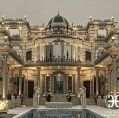 an elaborately designed house with a pool in the foreground and lit up columns