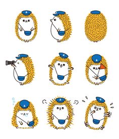 six hedgehogs in different positions with hats on their heads and one is wearing a police