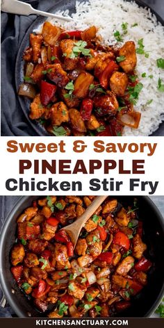 sweet and savory pineapple chicken stir fry in a skillet with rice