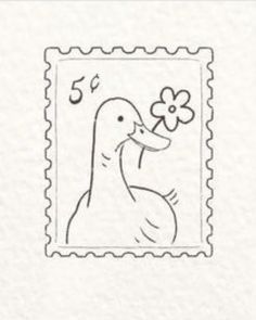 a stamp with a duck holding a flower in it's mouth and the number five