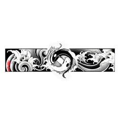 a black and white design with red accents on the bottom half of it, along with clouds in the background