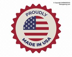 a made in usa seal with the american flag on it's side and the words proudly made in usa written below