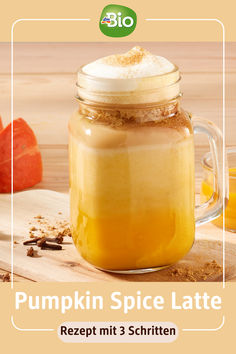 pumpkin spice latte recipe in a jar on a cutting board