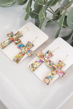 Germanic Cross Confetti Earrings, Gold Confetti Earrings, Cross Earrings, Dangle Earrings, Acrylic Earrings, Gifts for Her "Make a statement with these handcrafted confetti cross acrylic earrings! Every pair of earrings is thoughtfully and carefully curated and crafted in-house! I choose the best acrylics, patterns and materials with you in mind. Please remember even though these earrings are very lightweight, they are also delicate. Try avoiding contact with oils and lotions. Fingerprints can b Confetti Earrings, Voluspa Candles, Earrings Cross, Earrings Acrylic, Bath Candles, Resin Projects, Shoes For Leggings, S Hook, Gold Confetti